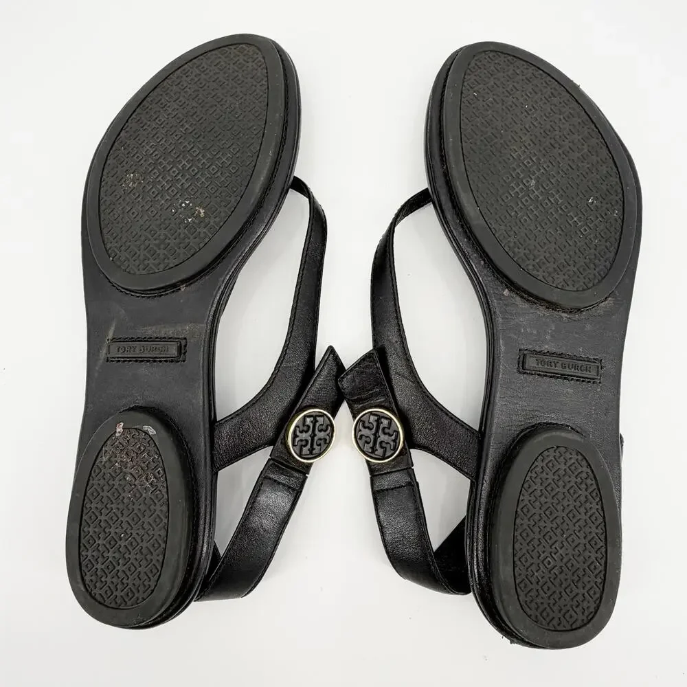 Tory Burch Minnie Travel Sandals Black Leather Thong Slingback Flat Shoes 6.5
